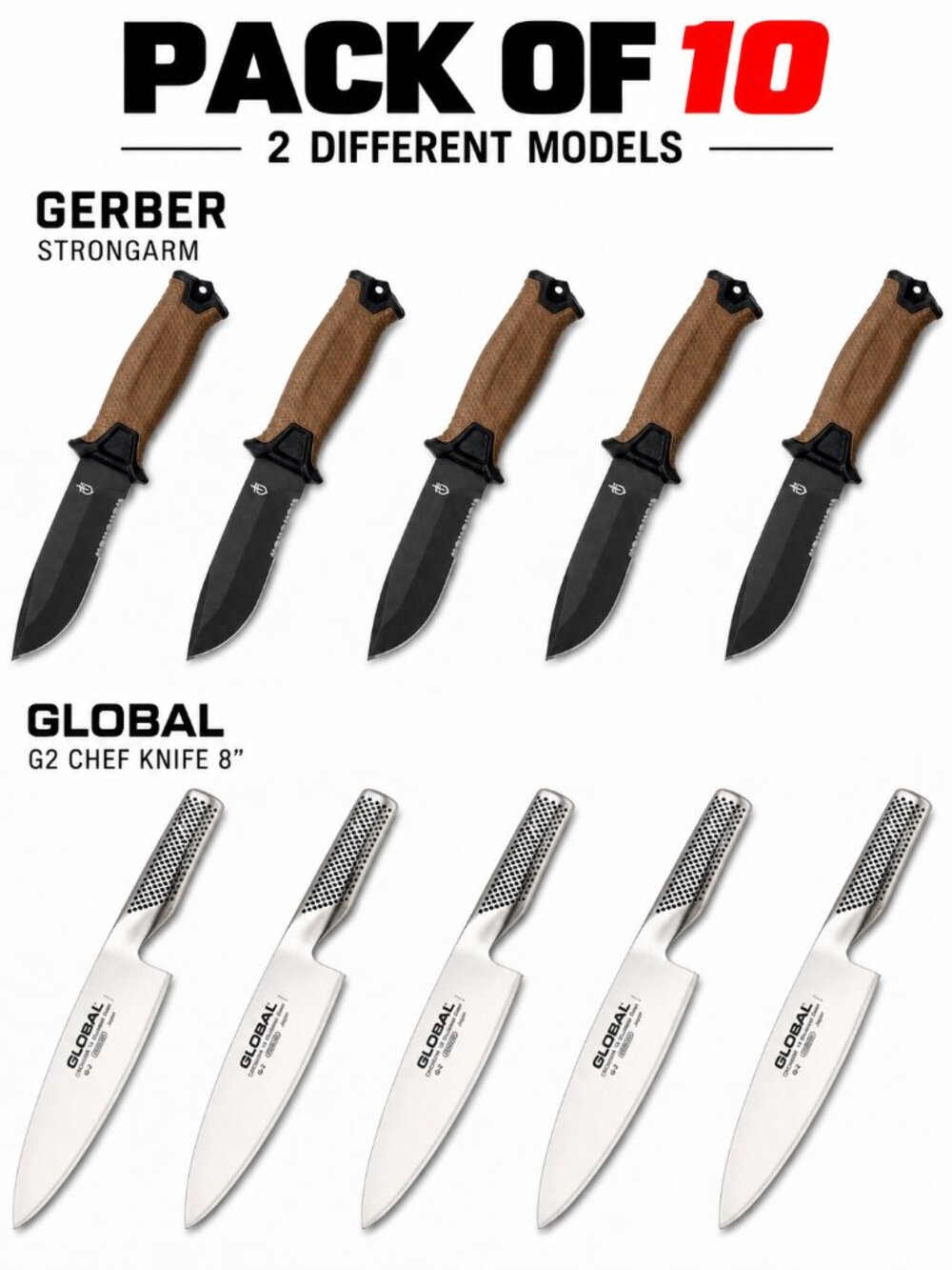 10-Pack Premium Knife Set – 5 Gerber StrongArm + 5 Global G-2 8-Inch Chef Knives